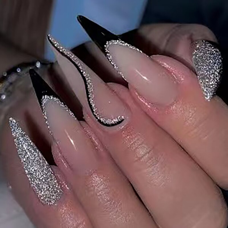 European and American Long Pointed Nail Manicure Patches Silver Glitter Wearable Nails French Black Line Wearable Nail Patches European and American Long Pointed Nail Manicure Patches Silver Glitter Wearable Nails French Black Line Wearable Nail Patches