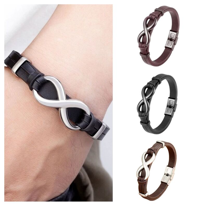 European and American Fashion Men's Unique Figure-Eight Leather Bracelet with Stainless Steel Clasp, Charming Wristband, Versatile Leather Bracelet