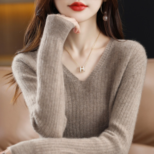  Autumn/Winter New Ribbed Base Shirt Women's Knitted Sweater V-Neck Pullover Long Sleeve Solid Color Inner Wear Top
