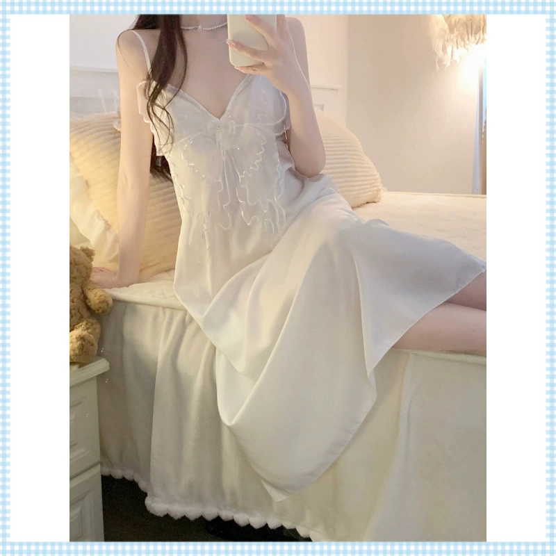 Чистая и тонкая сексуальная ночная рубашка на подтяжках, весенняя новинка, милое кружевное платье с бантом и подкладкой для груди для женщин