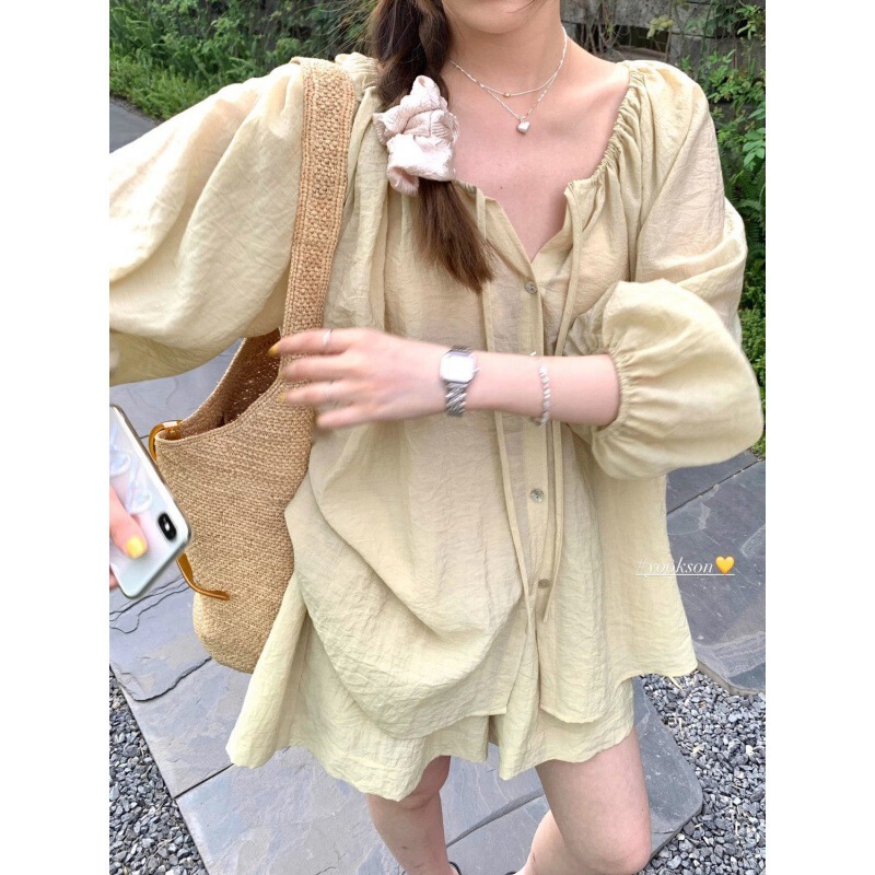 法式慵懒风防晒衬衫短裤两件套薄款抽绳女夏泡泡袖开衫套装遮肚|undefined