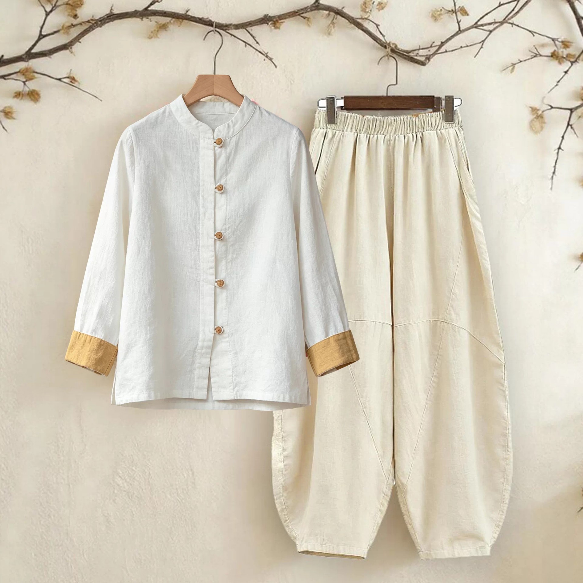 新中式禅意佛系女装居士服棉麻挽袖太极服女款八段锦练功服套装秋