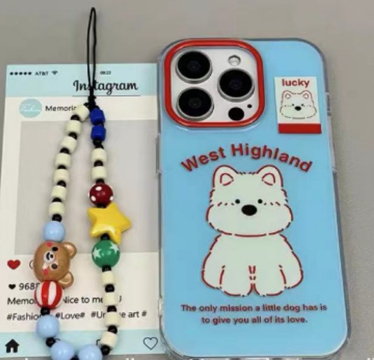 Ins fondo azul línea roja West Highland cachorro para iPhone 14 cadena 15ProMax funda para teléfono móvil Apple 13P