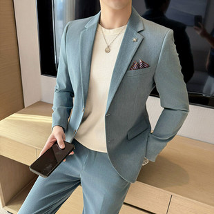 2025 Korean Style Slim Suit, Handsome Casual High-End Men's Suit Suit Pure Color Youth Two-Piece Suit