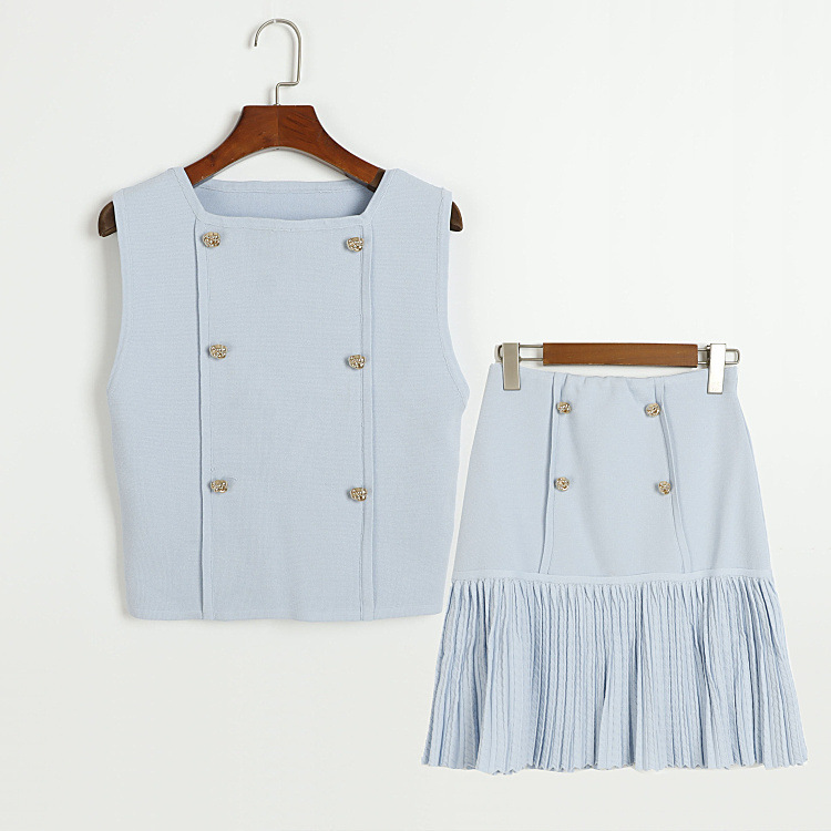 Summer and Autumn New Light Blue Knitted Suit Elegant Double-Breasted Button Sleeveless Vest Pleated Skirt Two-Piece Set Summer and Autumn New Light Blue Knitted Suit Elegant Double-Breasted Button Sleeveless Vest Pleated Skirt Two-Piece Set