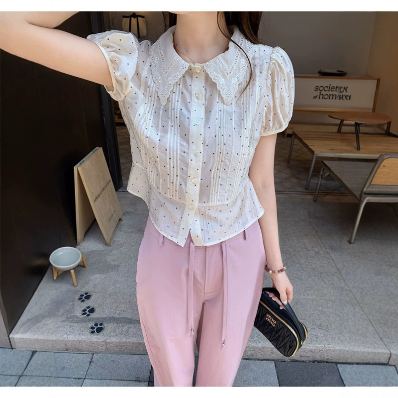 Zhangzhang 5/15 83% Acetate Polka Dot Slightly Cinched Waist Slimming Puff Sleeve Shirt