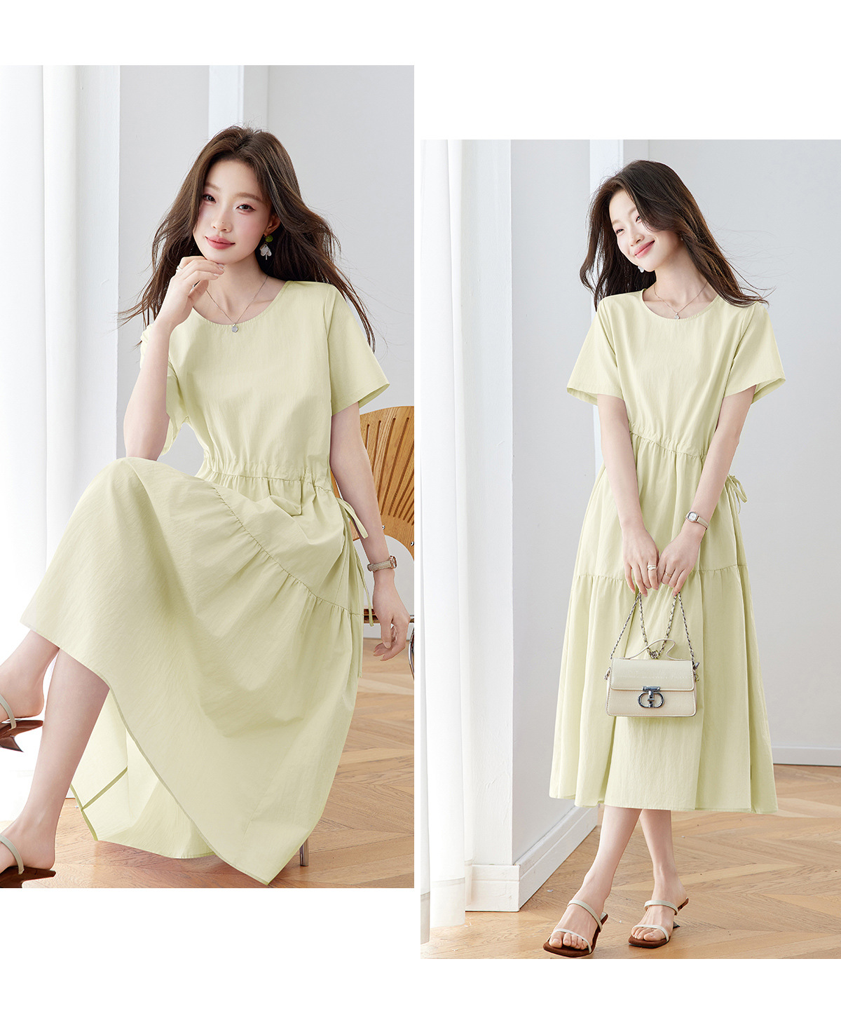 Đầm maxi nữ thắt eo dáng suông rút dây A-line tay ngắn JY2619 — màu tím nhạt, Vàng nhạt chi tiết 20