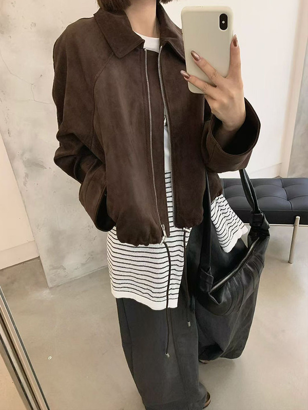 复古翻领麂皮绒外套女欧洲站2025年秋季新款韩版抽绳时尚夹克上衣|undefined