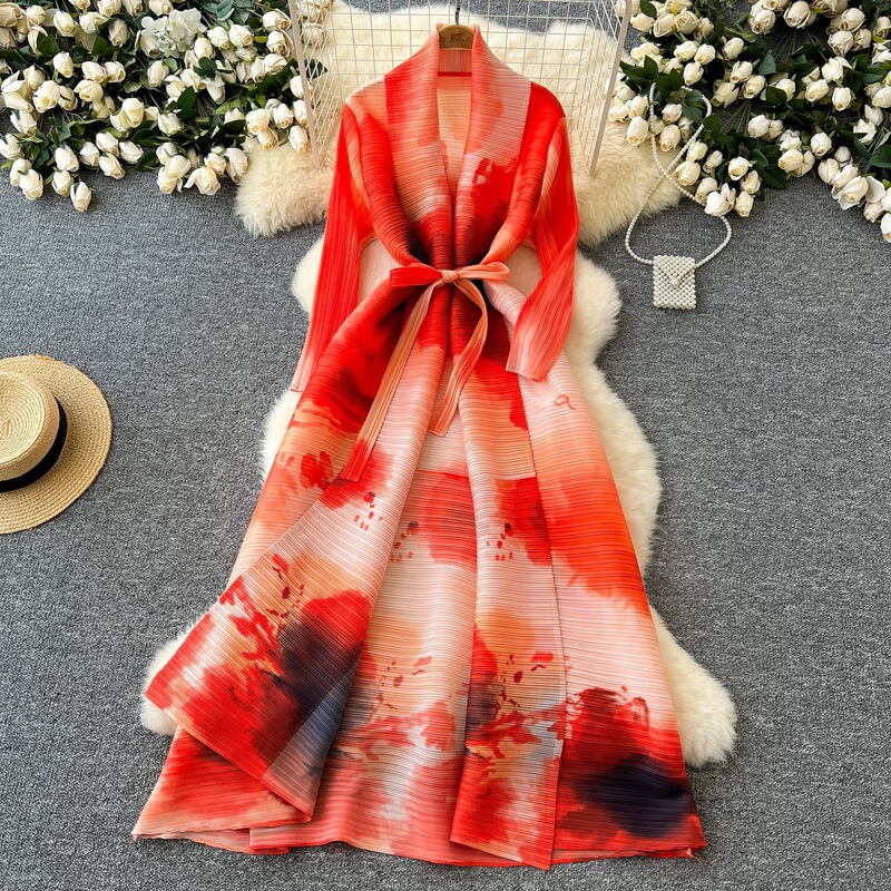 Cross-border Miyake Long Windbreaker overcoat Spring and Autumn Fashionable Loose plus size Printed Pleated Cardigan Coat