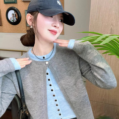 格雷系灰色假两件针织开衫女秋冬设计感短款小众慵懒毛衣外套上衣