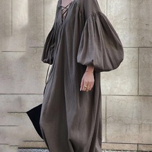 韩国2023早春新款时尚宽松大板型棉麻系带V领大灯笼袖长裙连衣裙
