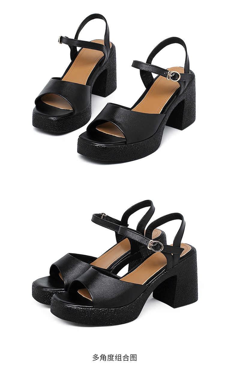 Sandal cao gót nữ quai ngang da thật đế dày chống thấm — Màu đen chi tiết 42