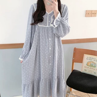 韩国ins女士韩系小碎花简约舒适花边睡衣休闲宽松睡裙慵懒家居服