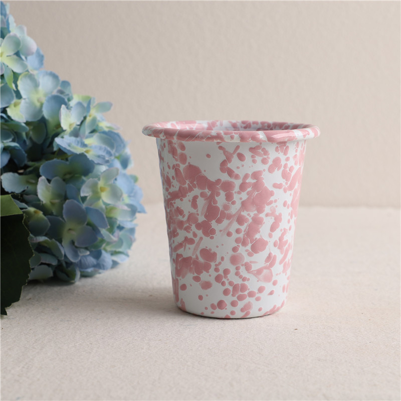 Impression exportée en Corée Tasse portable en émail à pois roses pour café, bain de bouche, jus et dessert_voghion.com