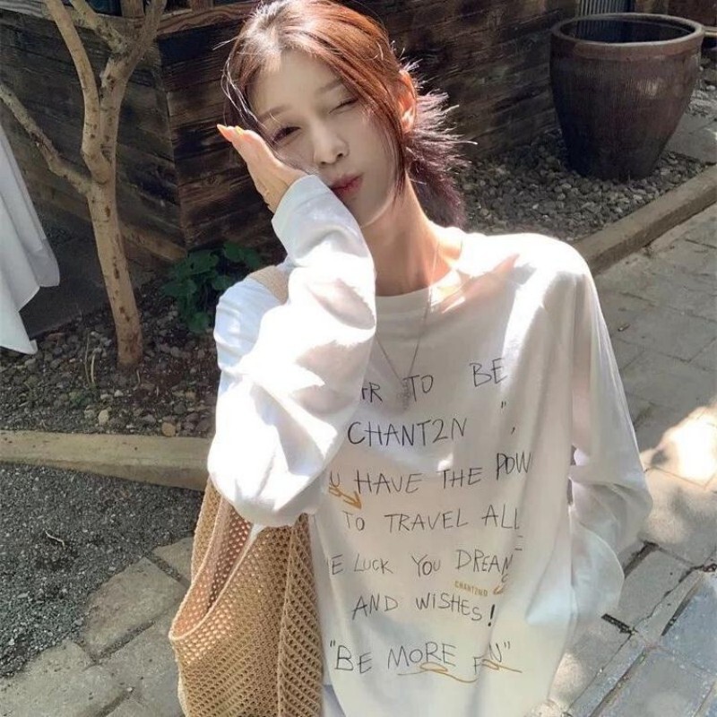 韓国文字プリント新作ルーズミドル丈トップイン薄手微透け日焼け止め長袖Tシャツ2025春夏|undefined