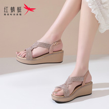 红蜻蜓厚底增高平底坡跟水晶松糕鞋女士凉鞋女款2024新款夏季夏天