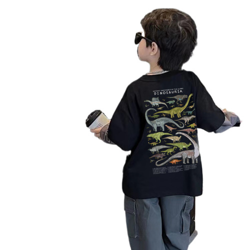 100% Cotton Children's Long-Sleeve T-Shirt Spring and Autumn Boys Korean Style Dinosaur Cartoon False Two-Piece Hipster Outerwear Top