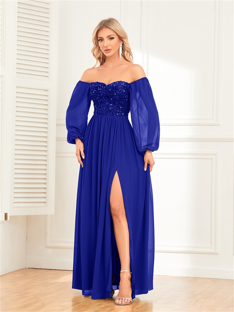 One Shoulder Long Chiffon Dresses with Slit Clover
