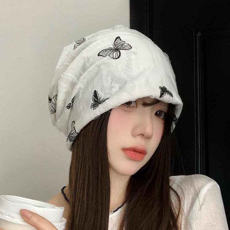 韩版蝴蝶刺绣堆堆帽秋冬新款帽子女复古百搭保暖包头帽显脸小冷帽|undefined