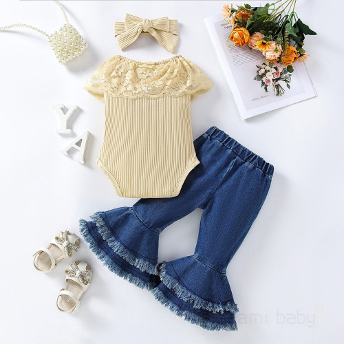 Cross-border Kids' Clothing  Summer Baby & Toddler Jumpsuit Romper Set with Lace Trim, Plus Denim Flared Pants for Girls