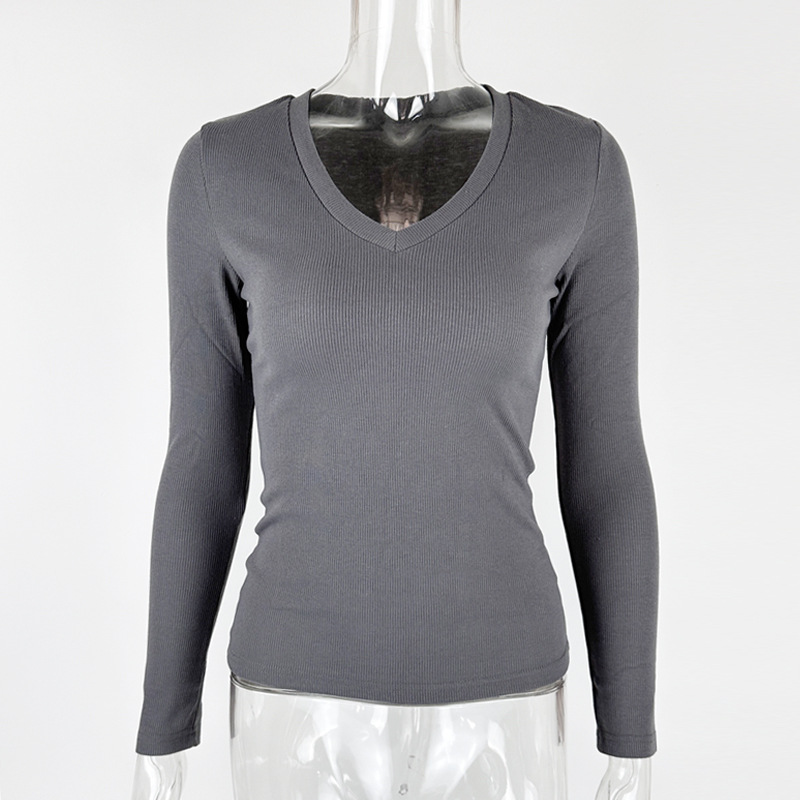 2024 otoño e invierno europeo y americano nuevo estilo transfronterizo de moda femenina de punto acanalado delgado con cuello en V manga larga tops de color sólido