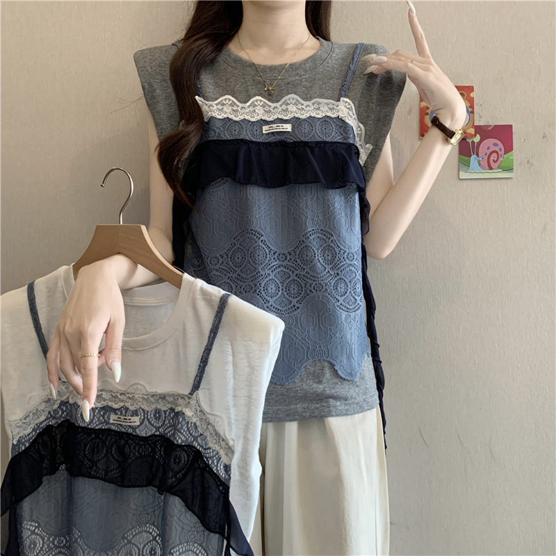 Lace Patchwork Faux Two-Piece Camisole T-Shirt for Women, Summer Plus-Size Design with Ruffles and Ribbons, Sleeveless Top