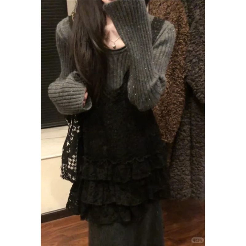 韩系复古慵懒圆领长袖亮丝毛衣女冬季修身显瘦百搭加厚针织衫上衣