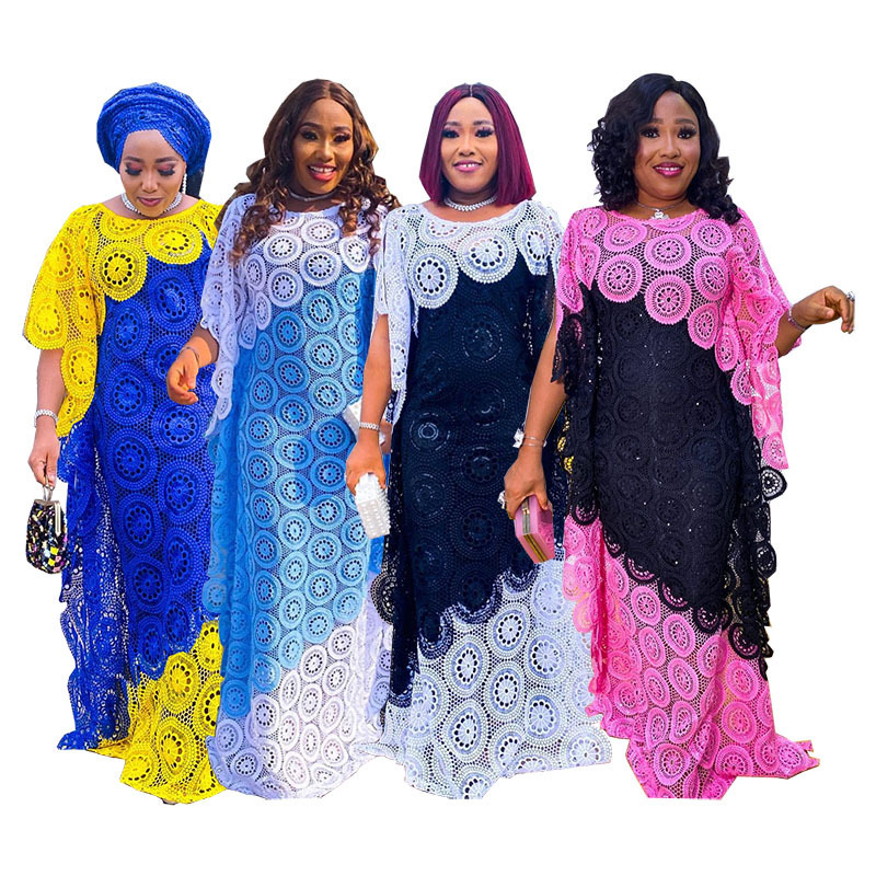 Foreign Trade African Women's plus size Embroidered Lace Color-block Loose Dolman Sleeve Gown Long Dress
