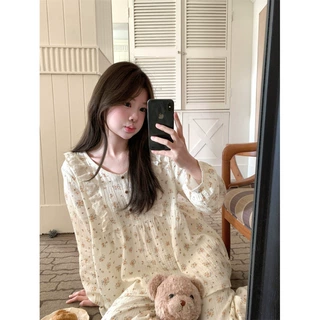 2025秋季新款 蕾丝v领甜美碎花宽松春款家居服睡衣套装