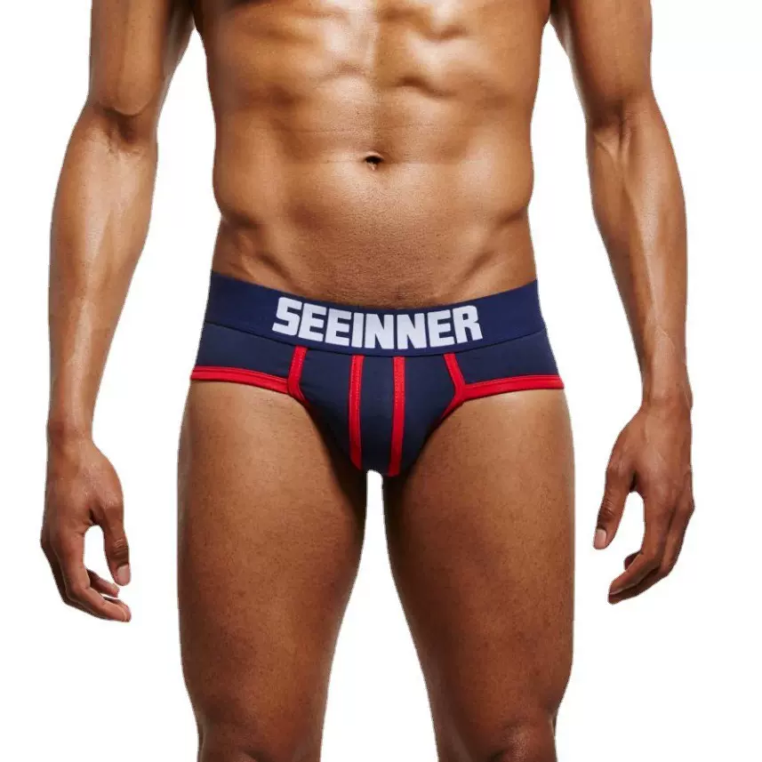 希内男士内裤纯棉条纹拼色三角裤低腰透气运动囊袋裤 货源外贸