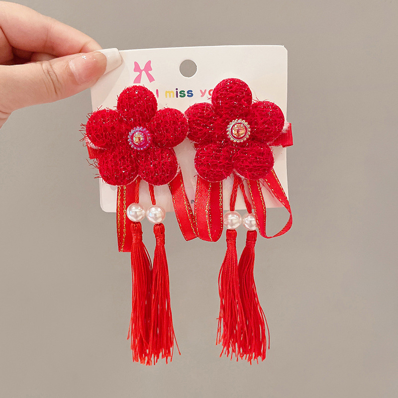 2023 niñas lindo conejo horquilla borla horquilla BB clip accesorios para el cabello rojo Año Nuevo lado clip accesorios para el cabello tocado