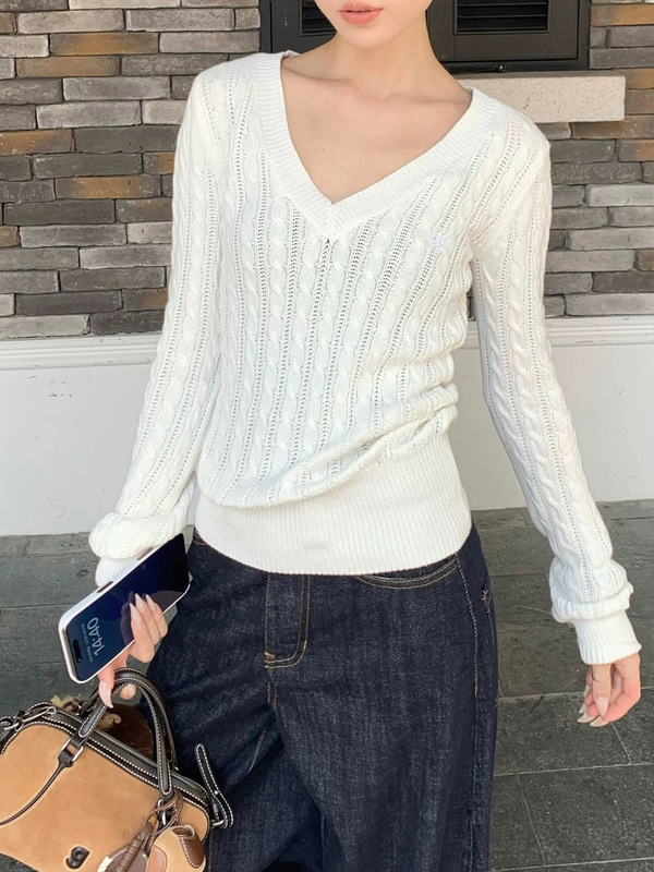 复古V领麻花条纹慵懒感毛衣女秋宽松情侣针织上衣潮|undefined