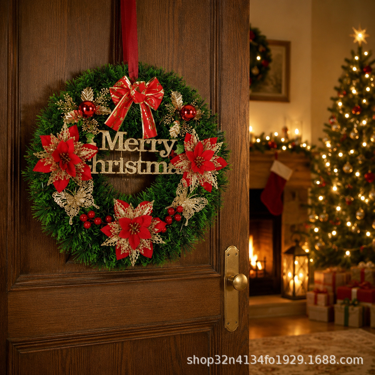 Nuevos productos transfronterizos decoraciones de árboles de Navidad de varios tamaños, coronas de pared, coronas de flores, escaparates de Ratán al por mayor