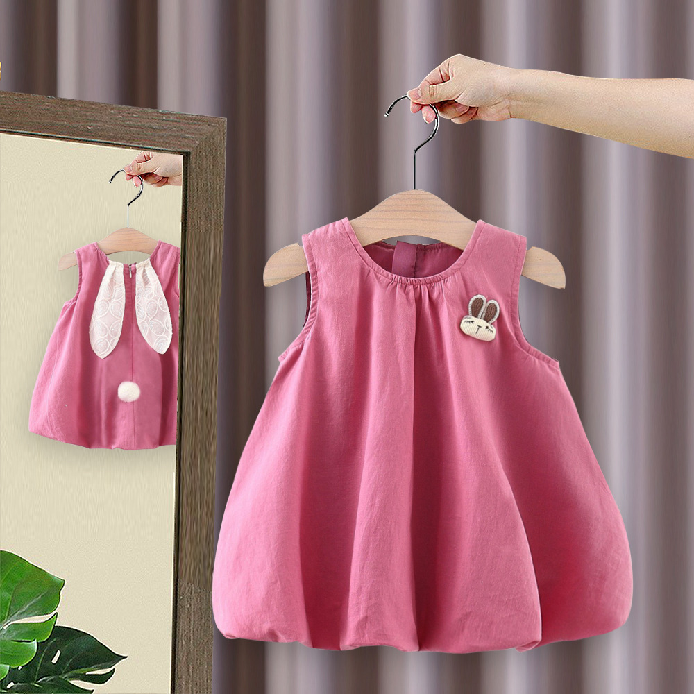 Girls Summer New Cute Long Ears Girls Cotton dress Baby All-match Flower Bud Dress Princess Dress 4818