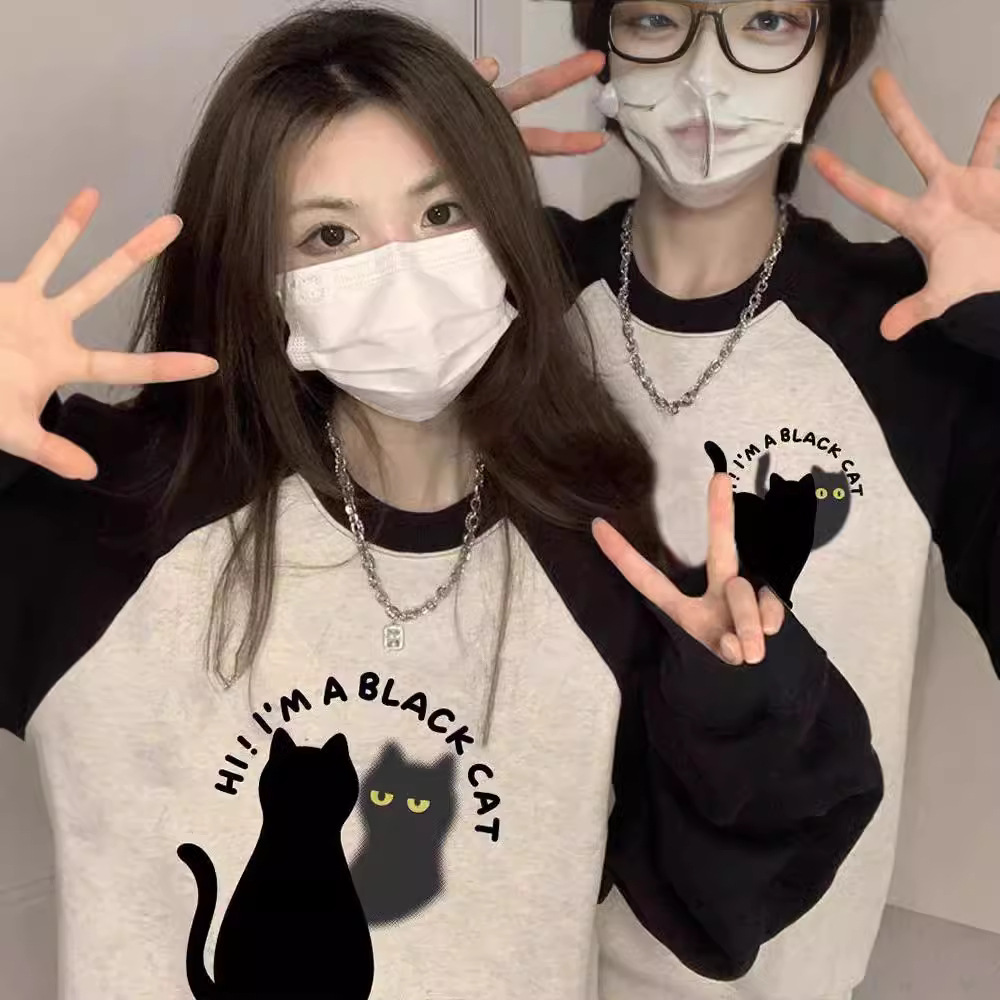 거울 고양이 RAGLAN 소매 둥근 목 커플 2024 가을과 겨울 새로운 패션 브랜드 특별한 다른 외투 착용