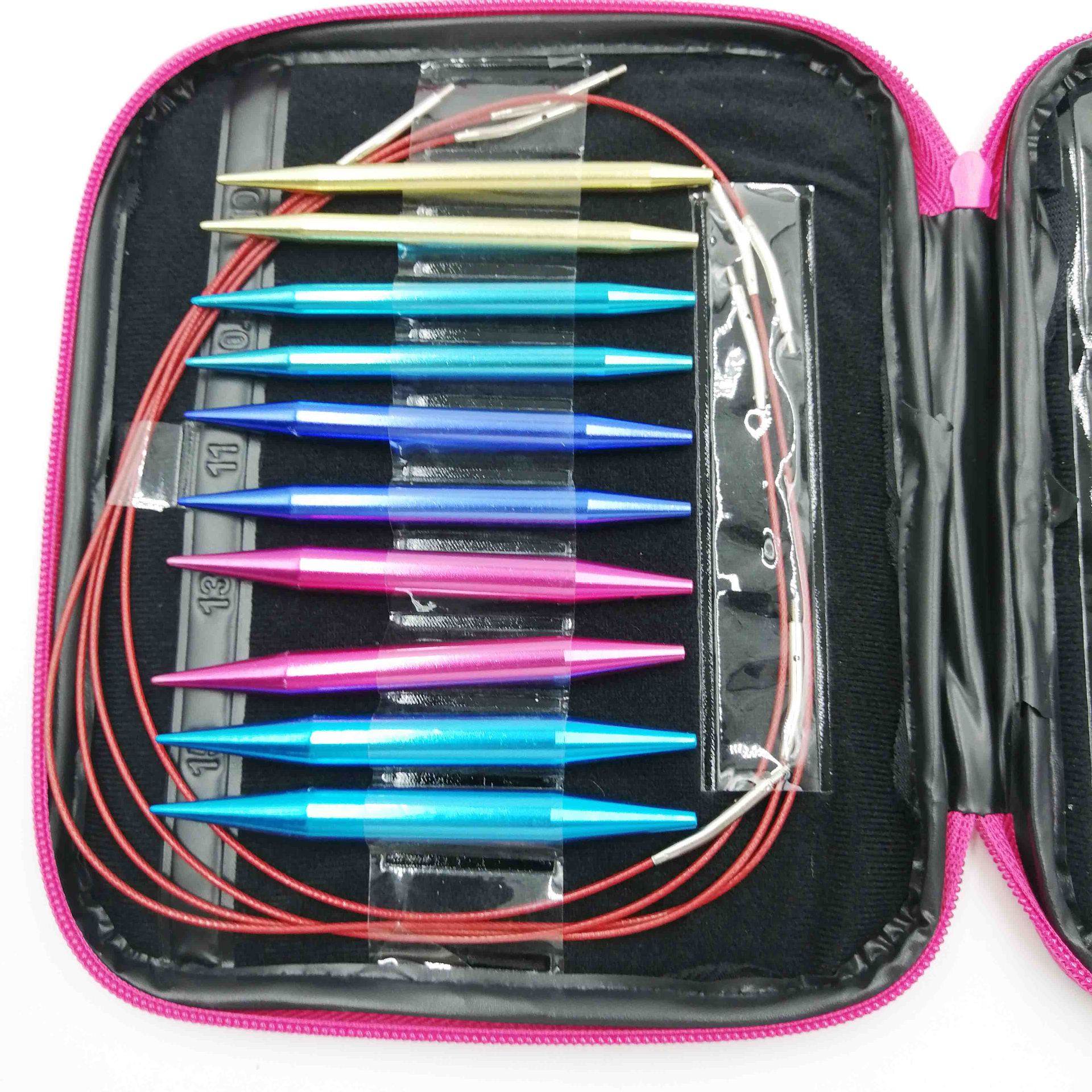 Rojo bordado desmontable anillo aguja color alúmina intercambio cable suéter aguja de tejer bolsa de ganchillo conjunto de herramientas