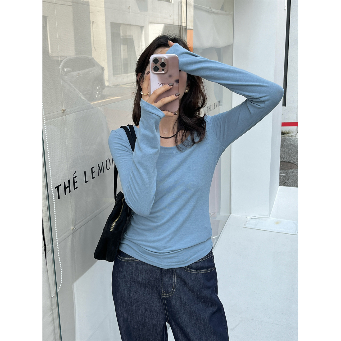 Liquidación sin devolución, té verde limón, camiseta delgada de manga larga de estilo coreano, diseño delgado y delgado, blusa de fondo ligeramente transparente image 3