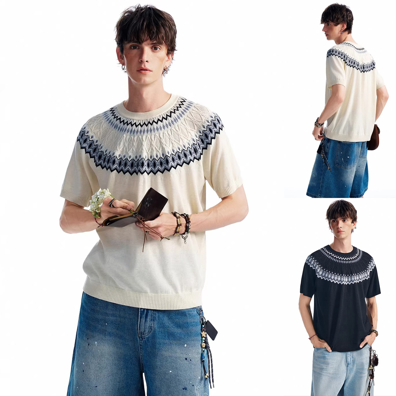 Isla de Fair camiseta de punto de manga corta camiseta de cuello redondo jacquard hombre viejo estilo casual hielo de verano fábrica transfronteriza mayorista