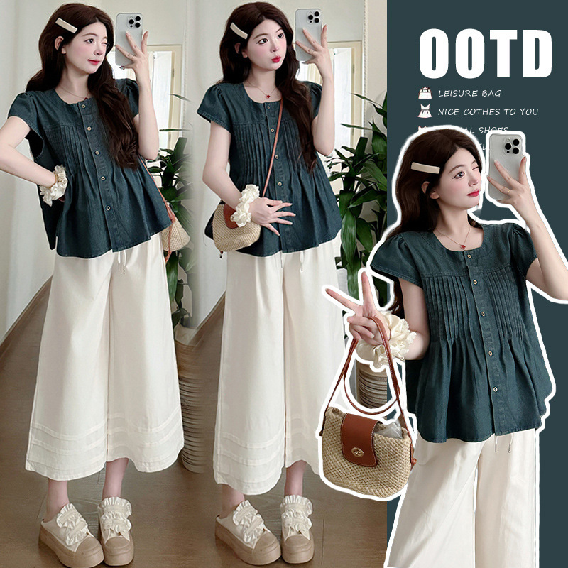 in stock Summer New Vintage Washing Water Denim Doll Shirt White Wide Leg Pants Pregnant Women suit