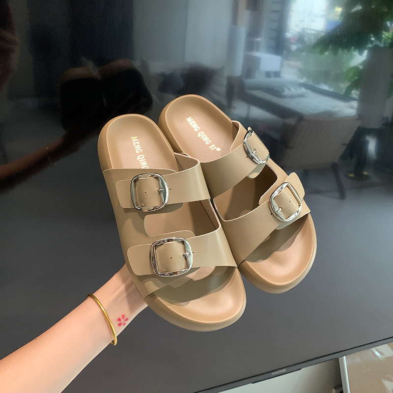 Genuine Leather Small Thick Slippers for Women's Summer Wear Height-increasing Shit-stepping Slippers High-end Dress Sandals plus size