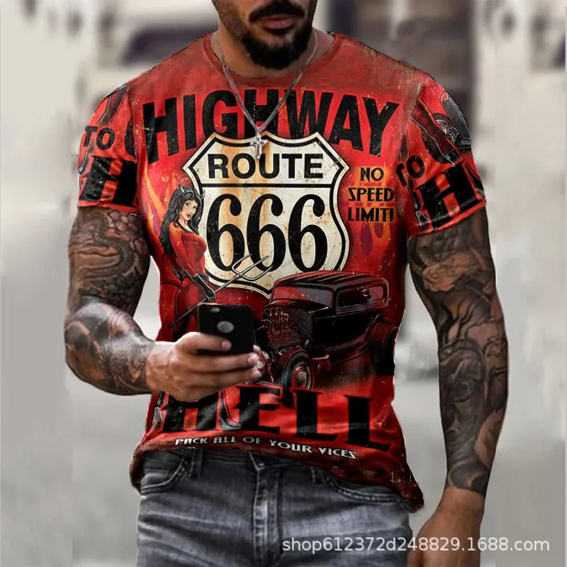 Cross-border Amazon hombres camisa de cuello redondo retro manga corta estilo europeo y americano impreso N ° 66 carretera carta camiseta