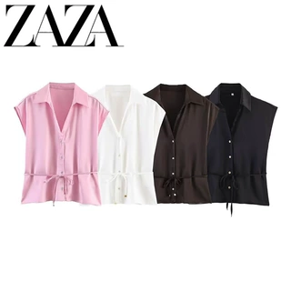 ZAZA 自制欧美风 批发女装 时尚百搭气质 配腰带短袖丝缎质感衬衫