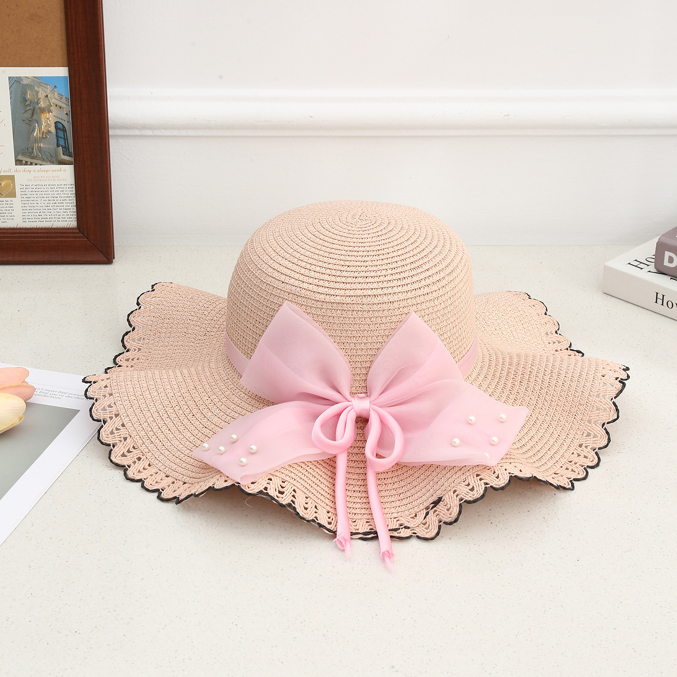 Sombrero de paja con lazo – estilo veraniego, ala ancha, para playa o vacaciones al aire libre