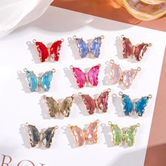 跨境款14K包金鑲嵌水晶彩色蝴蝶雙吊墜項鍊手工DIY飾品配件材料批