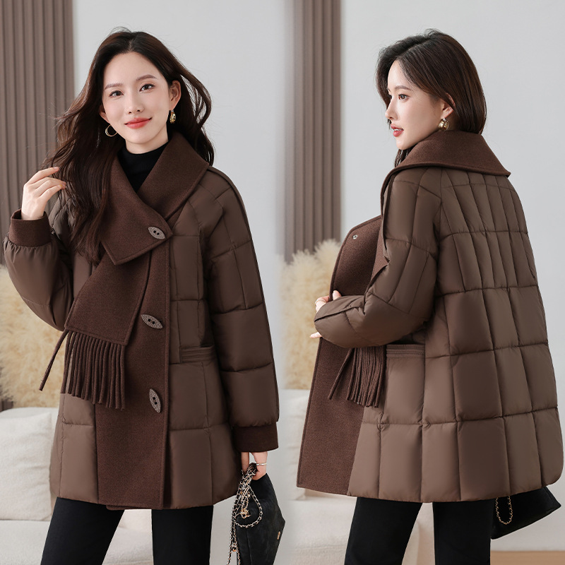 洋气加绒加厚棉服女2025秋冬装时尚棉衣毛呢拼接围巾领棉袄外套