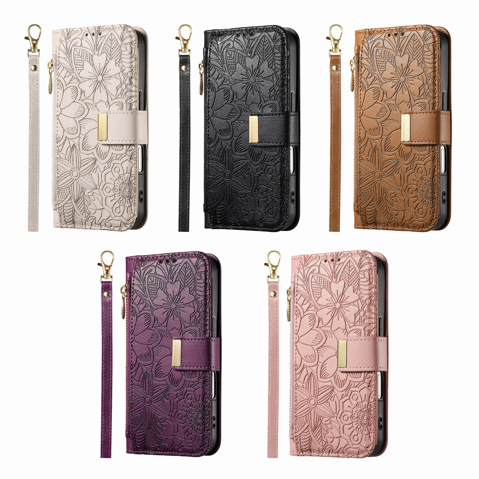 Cross-Border Applicable Iphone16 Flower and Leaf Embossed Zipper Bag Samsung S25U Wallet Card Flip Leather Case