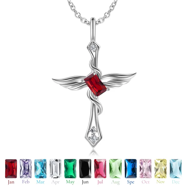 Angel Wing Cross Silver S925 Necklace Cross-border Fashion Elegant Twelve birthstone Necklace Sweater Chain Clavicle