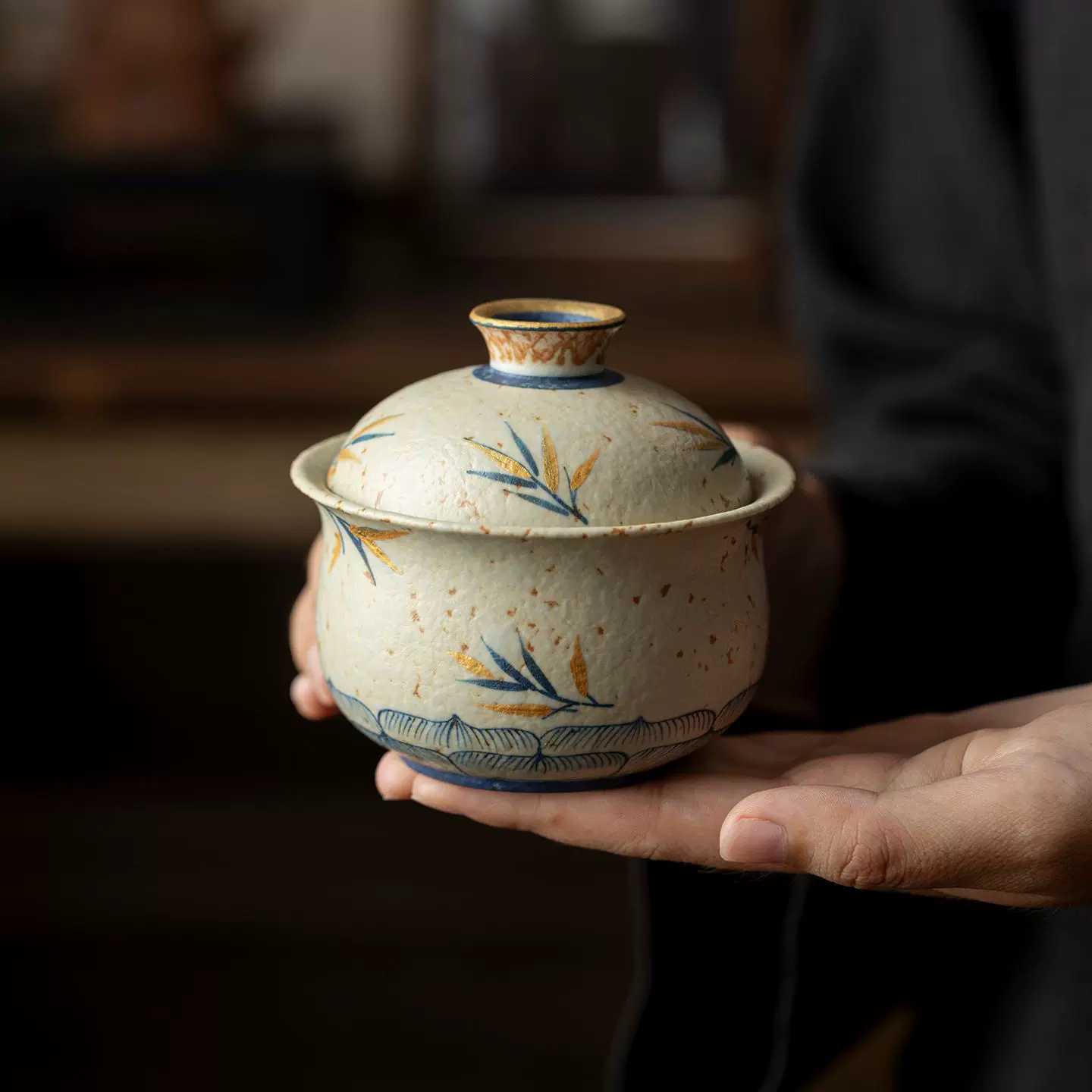 新中式青花火石红焦糖釉纯手绘竹影布袋盖碗可悬停陶瓷泡茶碗带盖