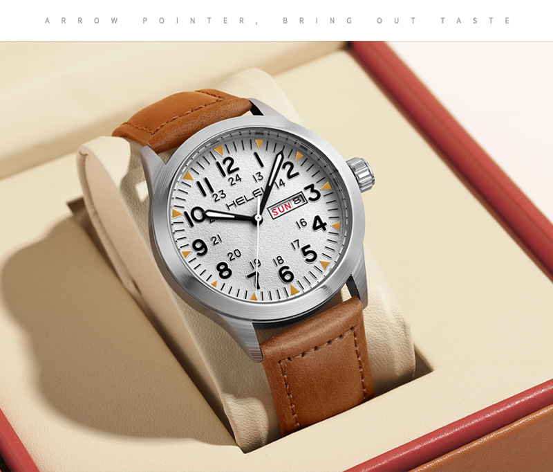 New Brand HELEI Men's Watch Genuine Leather Waterproof Luminous Wrist Watch Quartz Watch Calendar Week Display_voghion.com