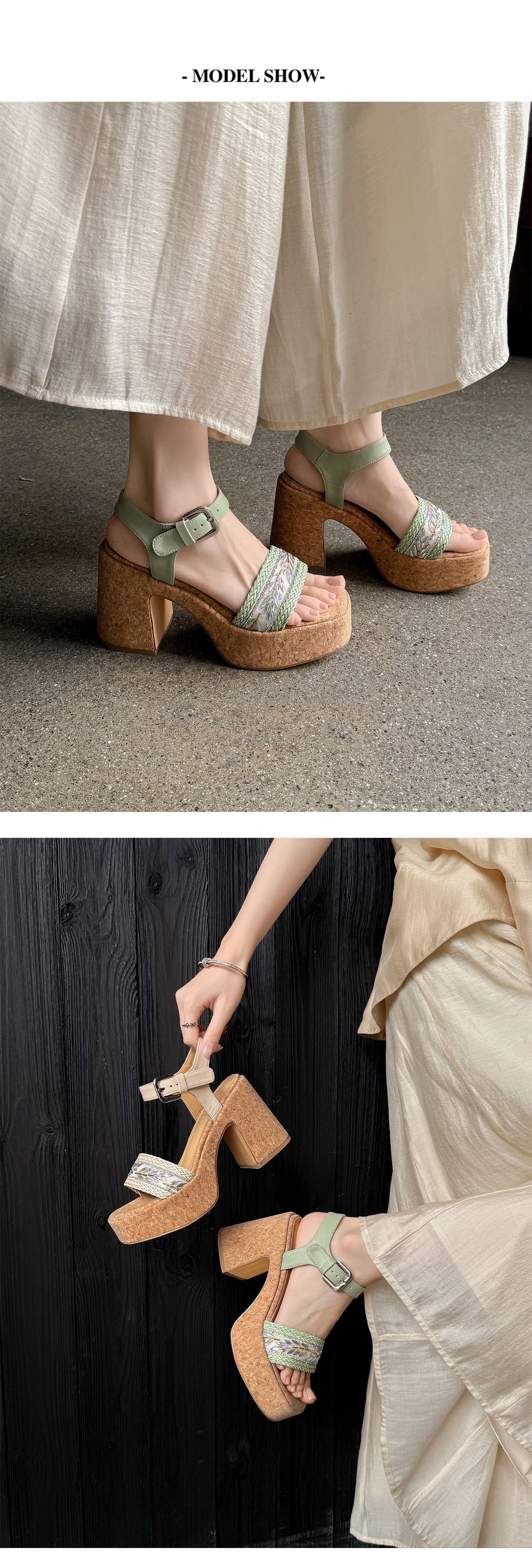 Sandal cao gót nữ mũi vuông phong cách Pháp, quai đan kiểu La Mã, gót 9 cm — xanh lá cây, màu mơ chi tiết 5